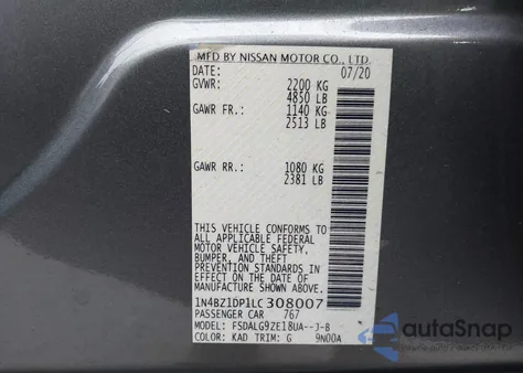 2020 Nissan Leaf Sl Plus 62 Kwh z USA, uszkodzony, nr VIN 1N4BZ1DP1LC308007